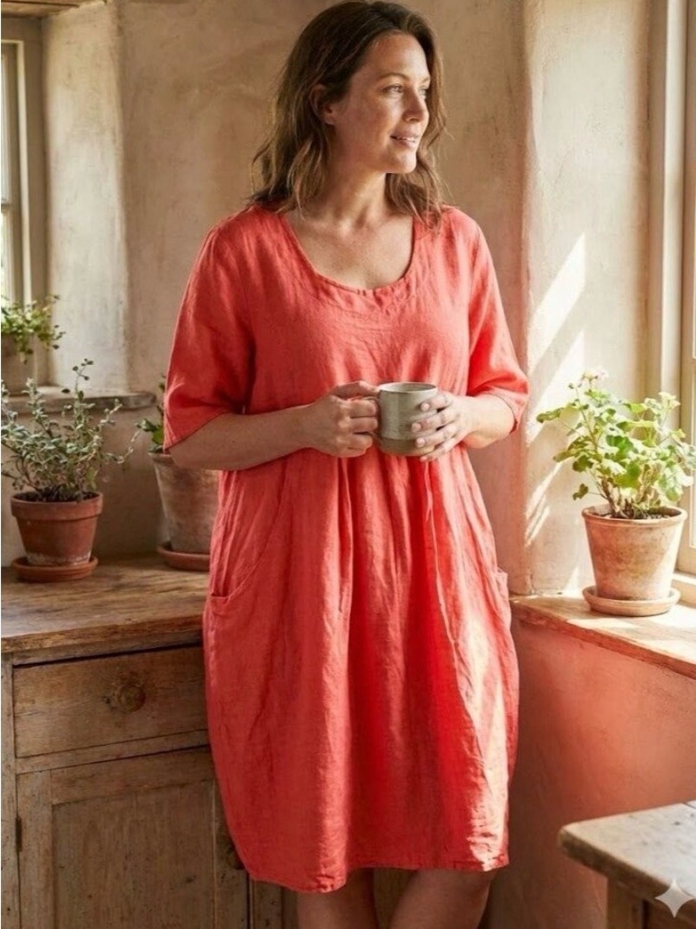 Woolovers Tunic Dress Sz 12 100% Linen Pockets Lagenlook Coral